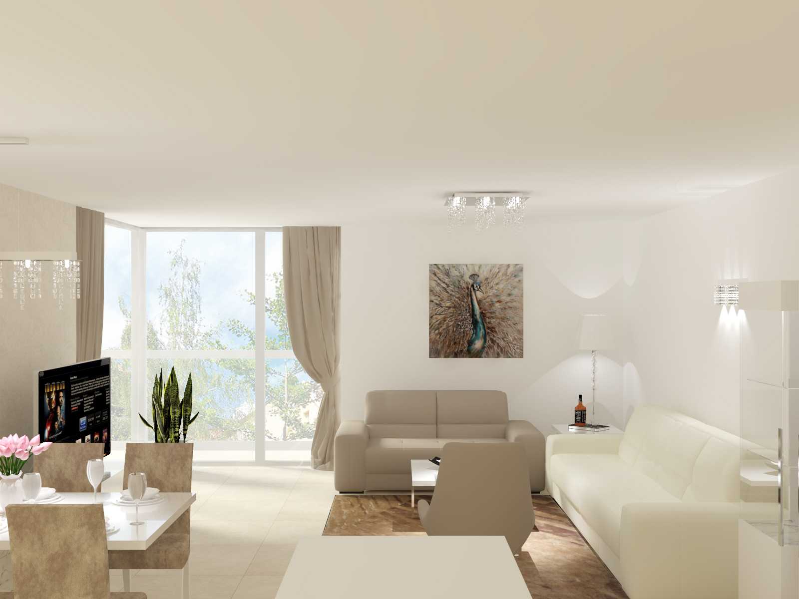Realistická 3D vizualizácia modernej obývačky spojenej s jedálňou a kuchyňou