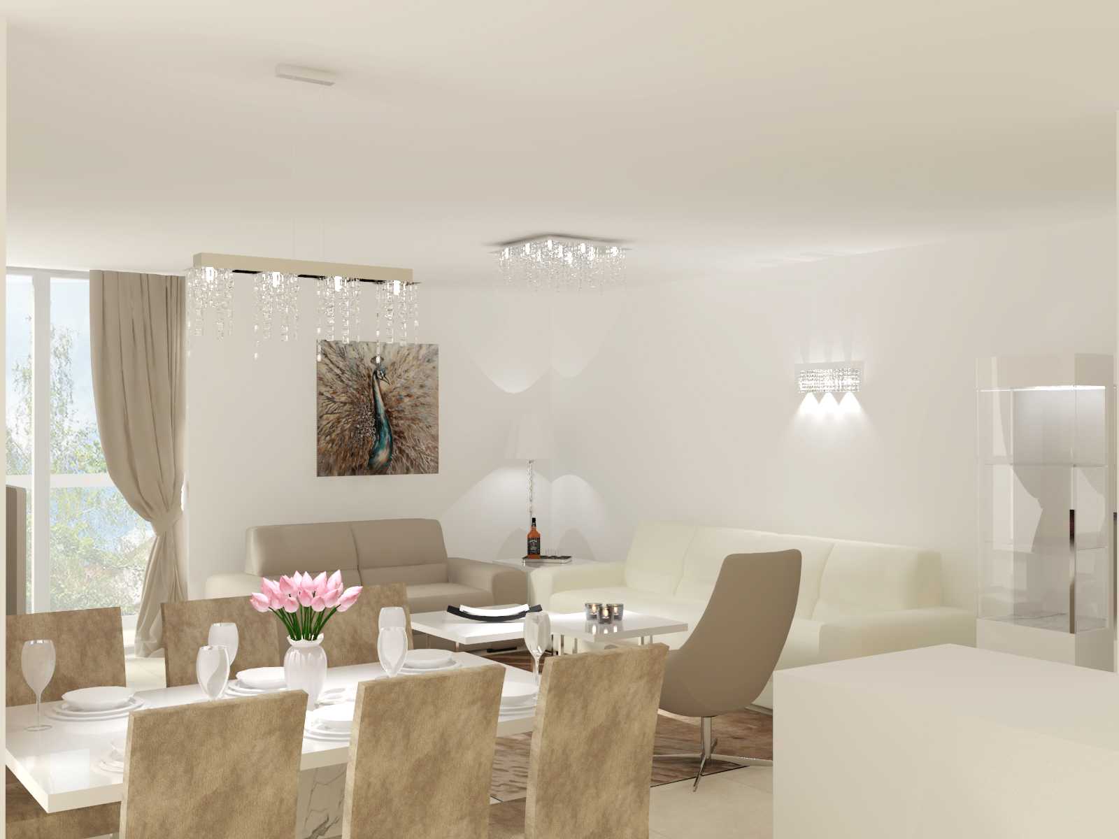 Realistická 3D vizualizácia modernej obývačky spojenej s jedálňou a kuchyňou