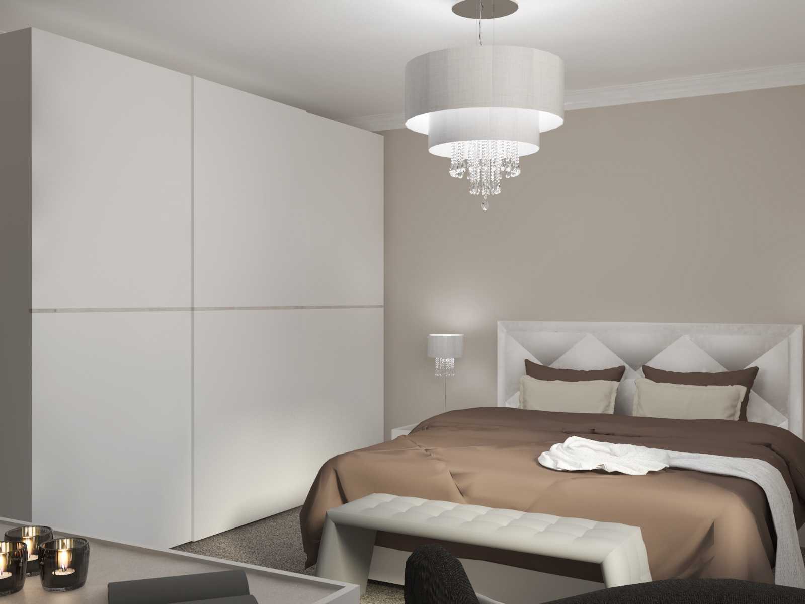 Realistická 3D vizualizácia interiéru modernej spálne so skriňou s posuvnými dverami