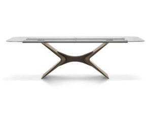 Jedálenský stôl SAIL - kovová podnož BRONZO 165 s umelou kožou 102 a transparentná sklenená doska 320