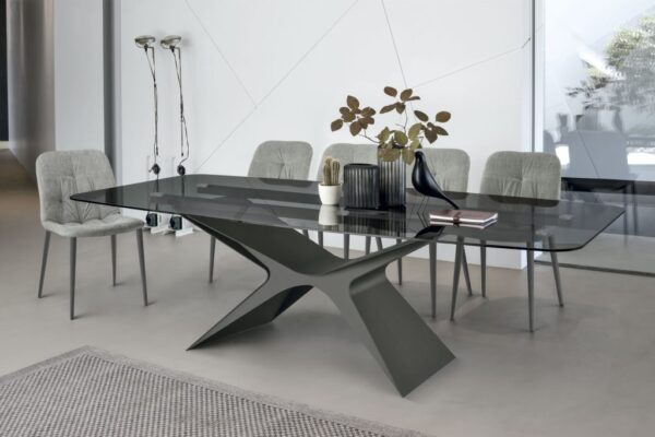Jedálenský stôl BALTIK s oblými hranami - kovová podnož ANTRACITE 160 a doska z dymového skla FUMÈ 363
