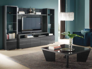 Kompozičné riešenie obývačkovej steny VERSILIA - TV skrinka, TV panel s policou, ľavá a pravá knižnica