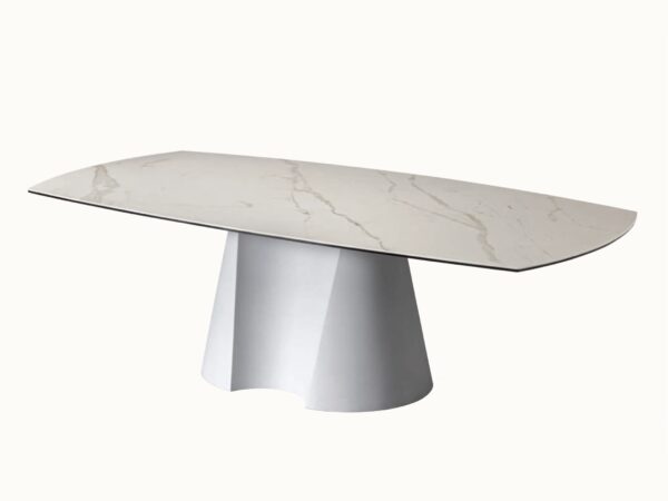 Dizajnový jedálenský stôl THOR. Horná doska v lesklej mramorovej keramike (GSTL) a noha v bielej farbe.