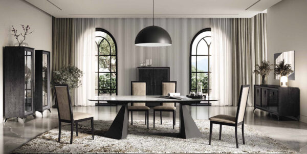 Moderná dizajnová jedáleň KRYSTAL. Jedálenský stôl TENT s keramickou hornou doskou - ORIGINES ARGENT a so stoličkami ROMA STRIPE