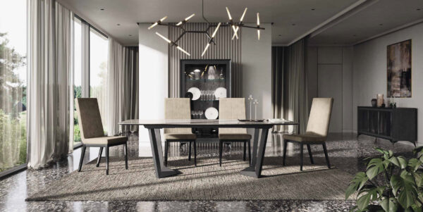 Moderná dizajnová jedáleň KRYSTAL. Jedálenský stôl NET s keramickou hornou doskou - HERITAGE CLOUD a čalúnené stoličky FLUTE STRIPE z kolekcie KRYSTAL