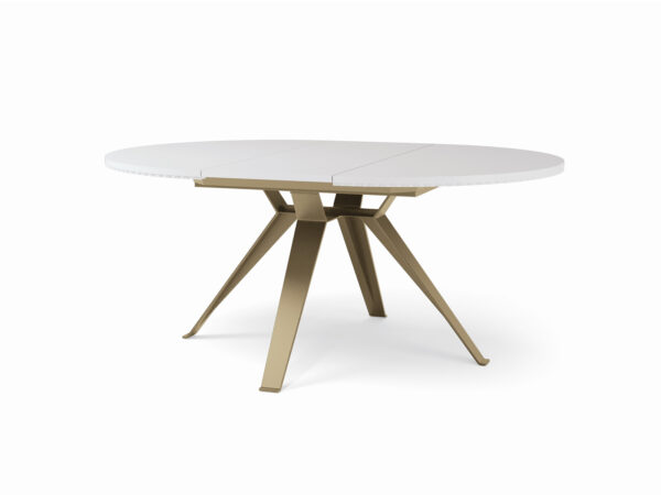 Jedálenský stôl MILANO. Okrúhly variant s rozťahovaním Ø 135/180 cm s champagne podnožou.