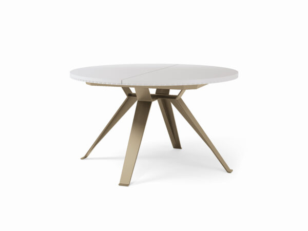 Jedálenský stôl MILANO. Okrúhly variant s rozťahovaním Ø 135/180 cm s champagne podnožou.