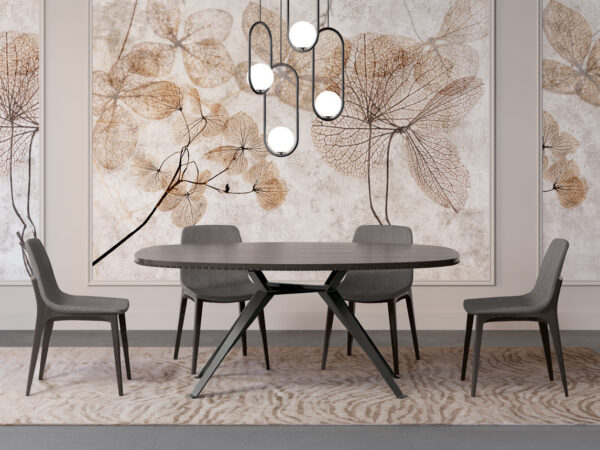 Luxusná klasická jedáleň MILANO. Oválny jedálenský stôl s rozťahovaním š. 180/270cm, vo farbe PM10B a s čiernou podnožou.